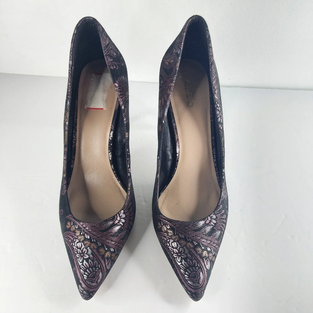 ALDO Black Pointed Floral Heels. - Picture 8 of 10